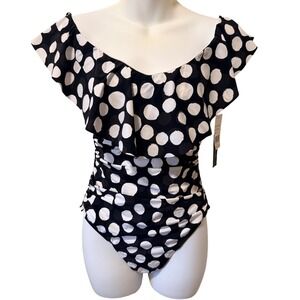 La Blanca Polka Dot Ruffle Off Shoulder One Piece Swimsuit Black White Size 14